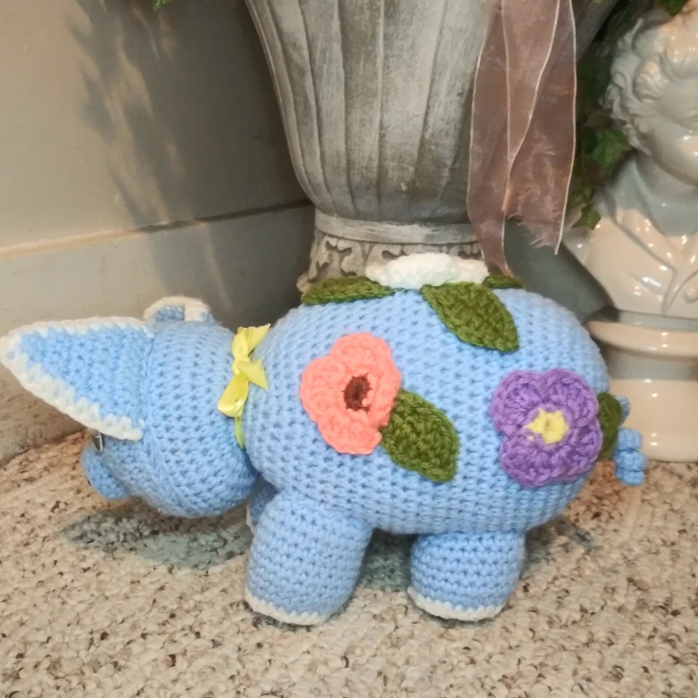 3/$18 Vtge. Blue/White Hand Crocheted Cottagecore Style Pig With Pastel Flowers